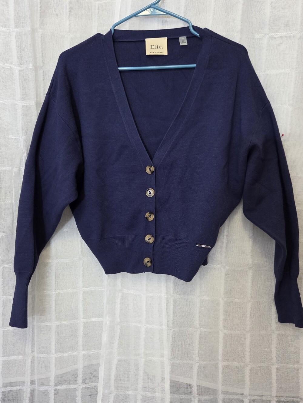 ELLE Tahari Navy V-Neck Button-Front Women's Sweater Cardigan